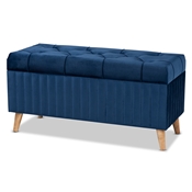 Baxton Studio Hanley Modern and Contemporary Navy Blue Velvet Fabric Upholstered and Walnut Brown Finished Wood Storage Ottoman
